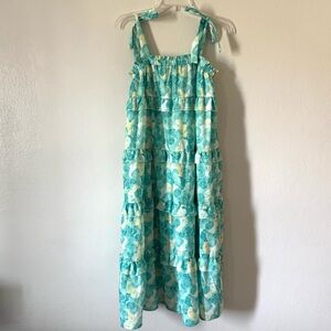 THML Tie Shoulder Midi Dress Tiered Green Yellow Print